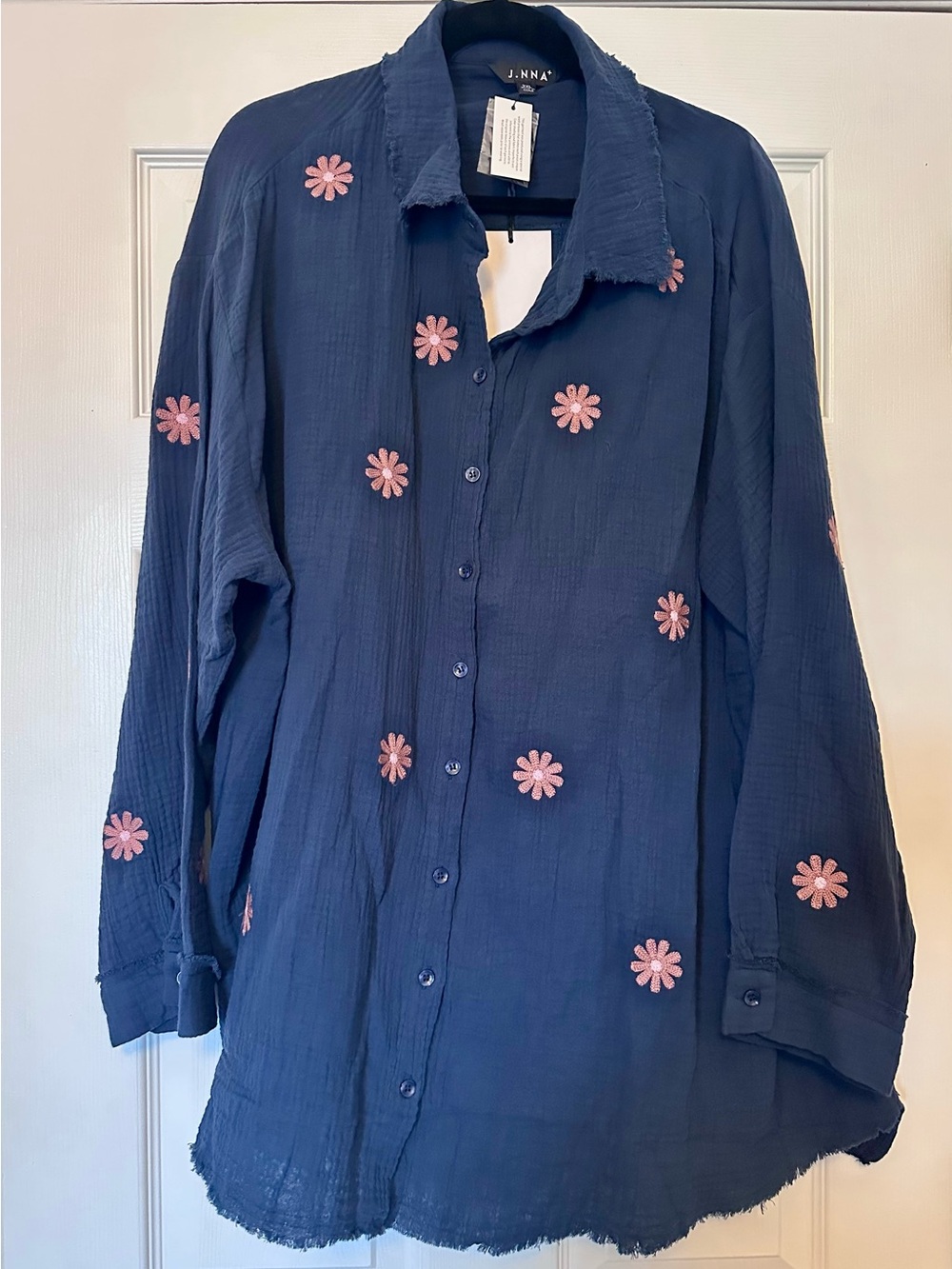 Gauzy Navy Button-Up Shirt with Pink Daisies - J.NNA size 2XL